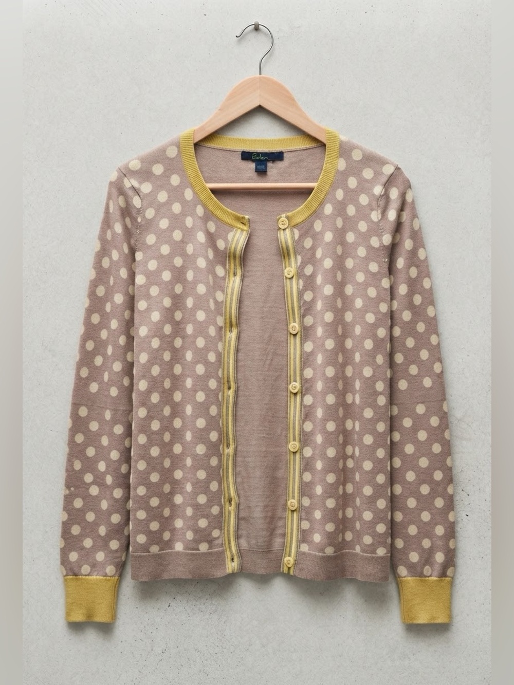 Boden Polka Dot Knit Layering Retro Cardigan Size 12 Butter Yellow, Creme